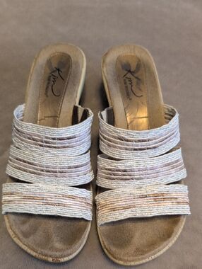 Kim Rogers Beige Multi-Striped Slip-On Mules Strappy Wedge Sandals Size 7.5